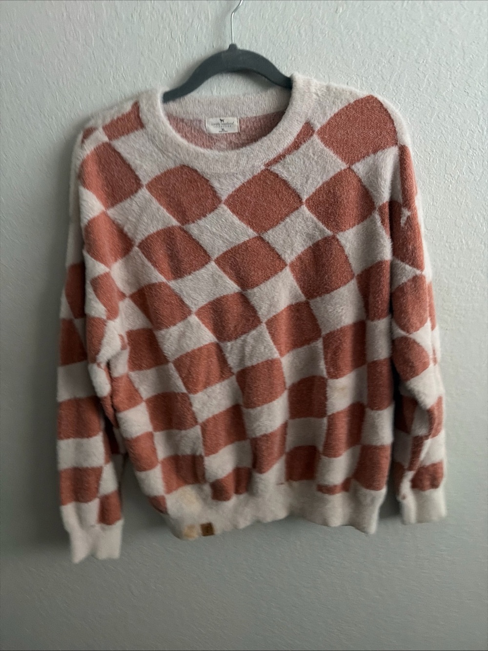 Simply Southern Checkerboard Crewneck Sweater in Rust & Cream